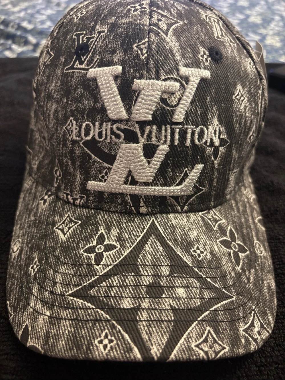 Black & White Monogram Denim-Style Logo Cap please read 👇